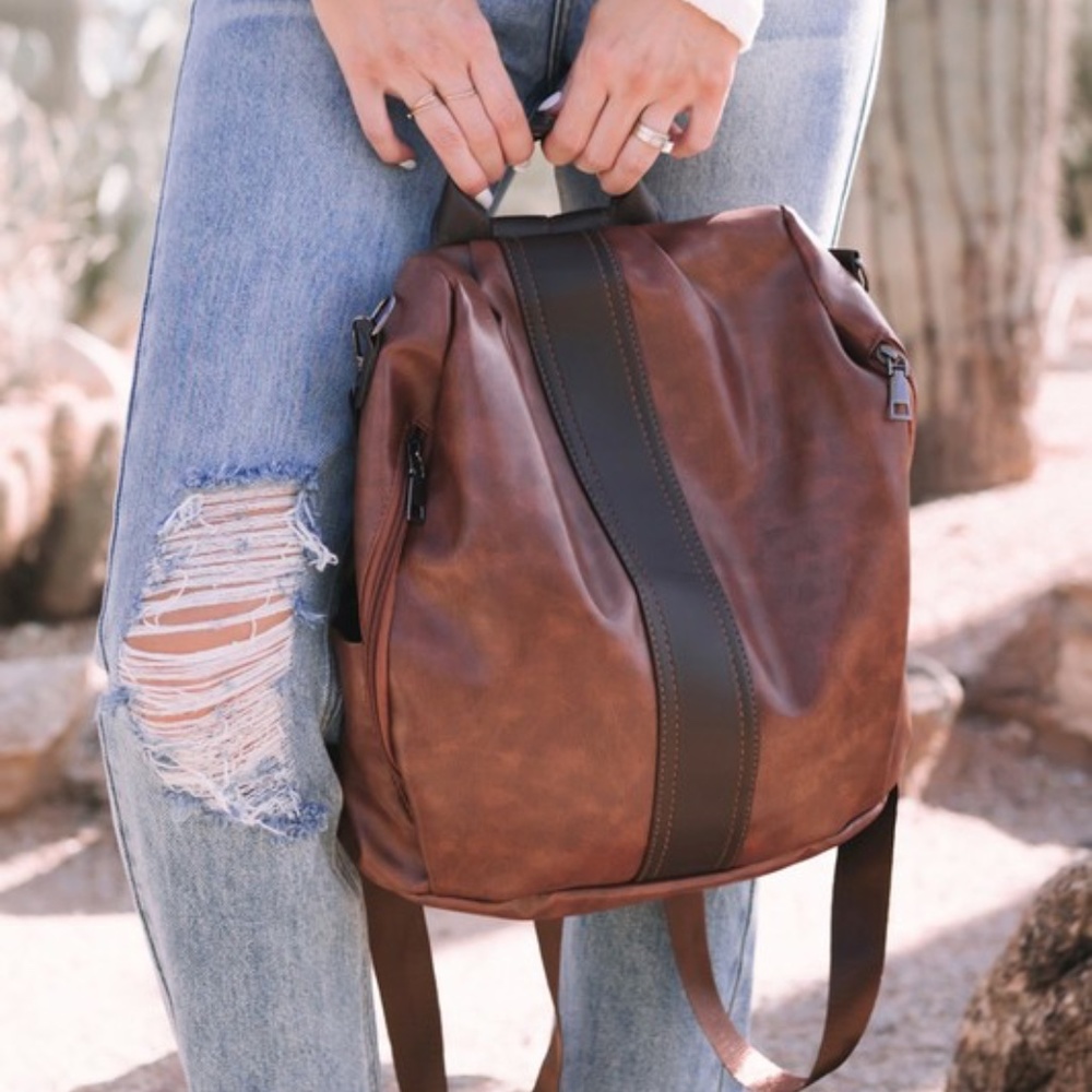 Luxe Brown Vegan leather Zipper Mini Back Pack - Picture 1 of 7